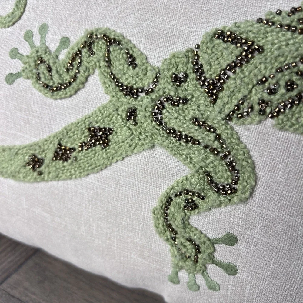 Pier 1 Imports Beaded Embroidered Lizard Gecko Lumbar Pillow 19x10 Boho Decor